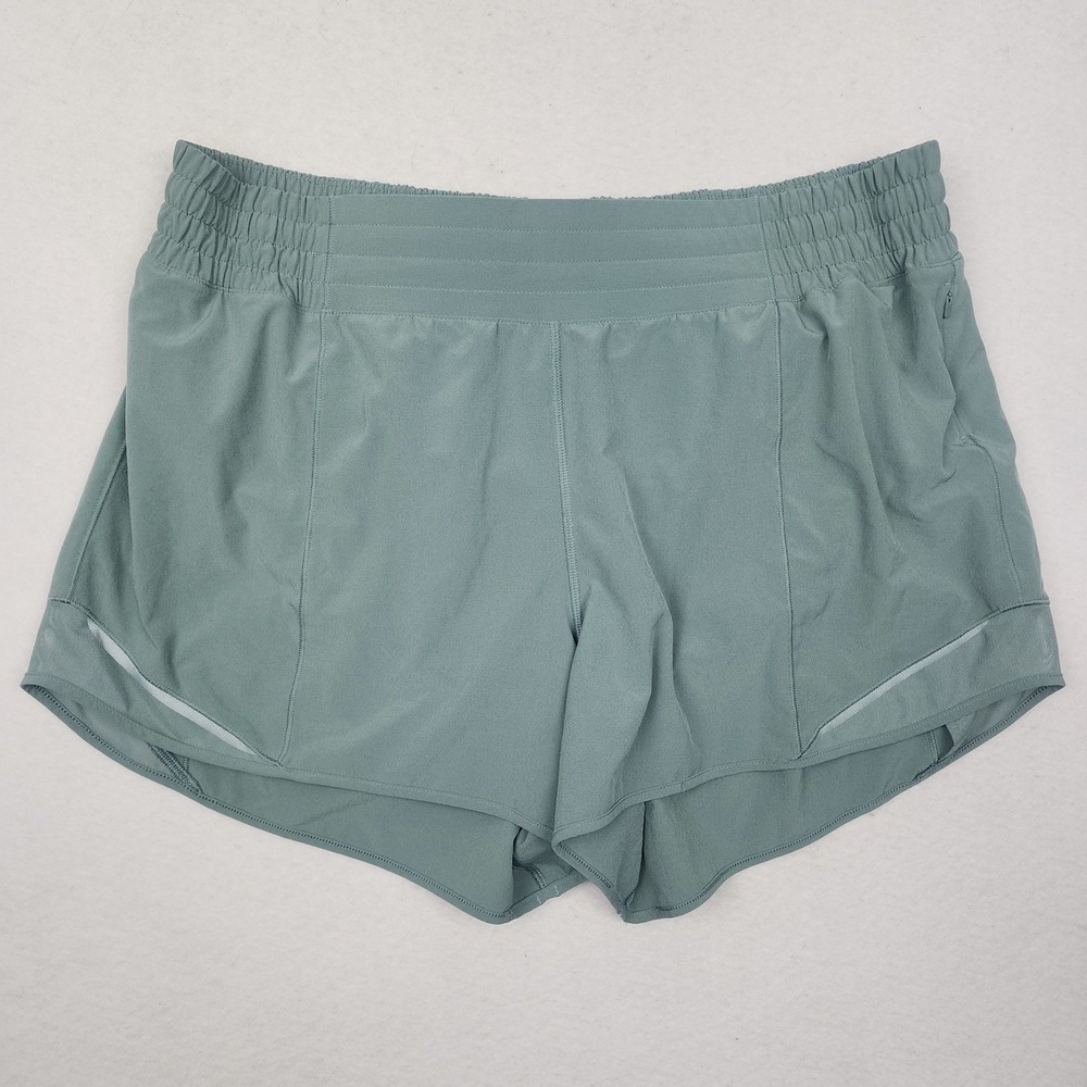 Lululemon Hotty Hot Athletic Shorts Womens 14 Slate Blue Mesh Panels Curved Hem